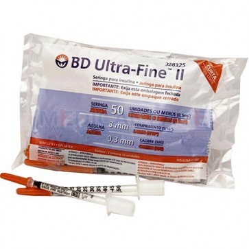 Ultrafine Seringa de Insulina 0,5ml Agulha 8x0,30 - 30G 5/16´´ BD Ref 328325 - Pct com 10